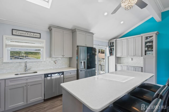 26 Venus Rd, Old Bridge, NJ 08879 - kitchen with stainless steel appliances, a sink, gray cabinets, ceiling fan, and crown molding