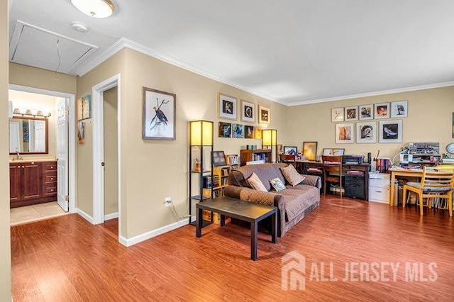 13 Ohio Ct Unit 13, Middlesex, NJ 07747 - living room featuring attic access, wood finished floors, and ornamental molding