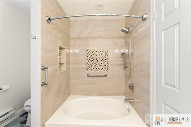 full bathroom featuring a baseboard radiator, bathtub / shower combination, and toilet