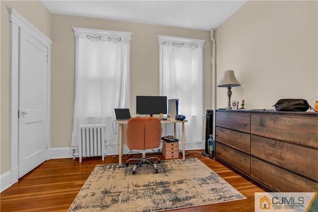 office area featuring radiator heating unit and wood-type flooring