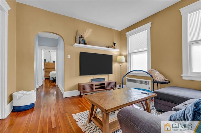 living room with radiator, a wealth of natural light, and light hardwood / wood-style floors