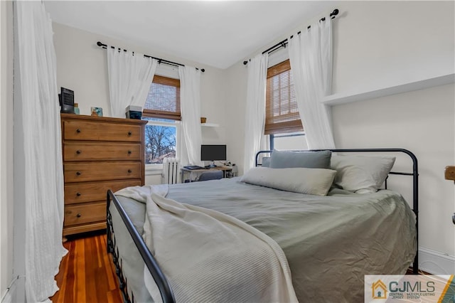 bedroom with radiator heating unit, multiple windows, and dark hardwood / wood-style floors