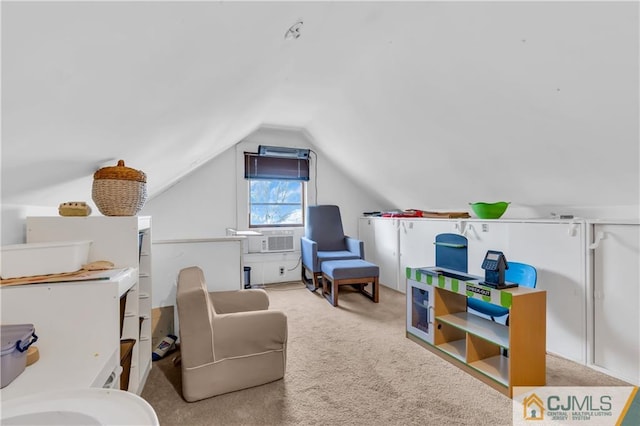 living area with light carpet and lofted ceiling