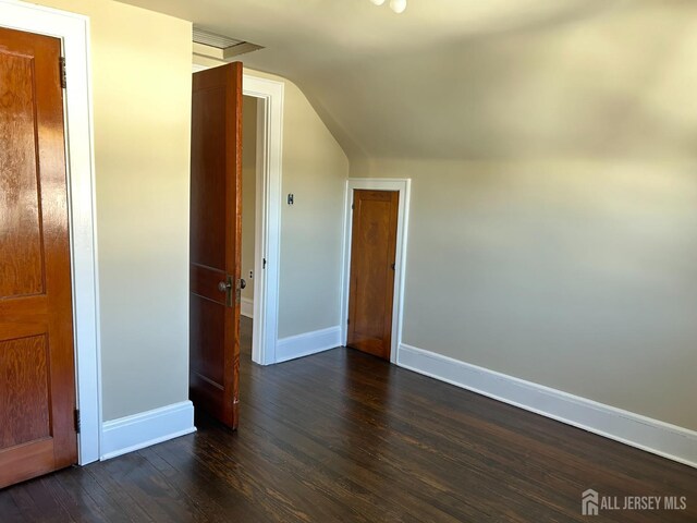 interior space featuring dark wood-type flooring and lofted ceiling