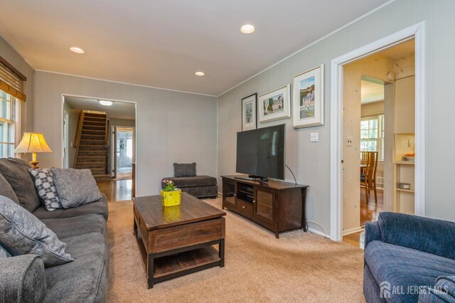 28 Thrush Dr, East Brunswick, NJ 08816 - living area featuring ornamental molding, stairs, recessed lighting, and light carpet