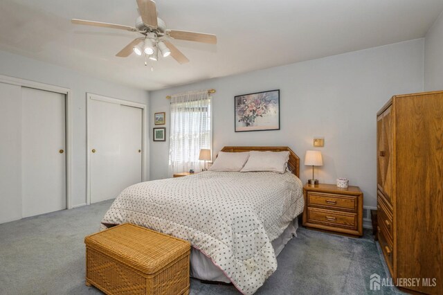 28 Thrush Dr, East Brunswick, NJ 08816 - carpeted bedroom featuring two closets and a ceiling fan
