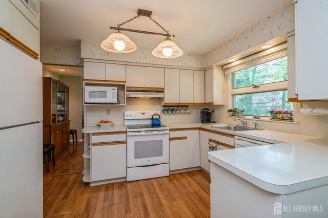 28 Thrush Dr, East Brunswick, NJ 08816 - kitchen with white appliances, under cabinet range hood, a sink, and light countertops