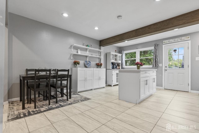 243 Donald Ave, Rahway, NJ 07065 - kitchen featuring white cabinetry, recessed lighting, light tile patterned flooring, open shelves, and beamed ceiling
