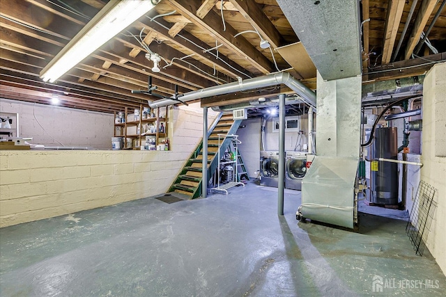 74 Hazelwood Ave, Metuchen, NJ 08840 - unfinished basement with water heater, independent washer and dryer, and stairs