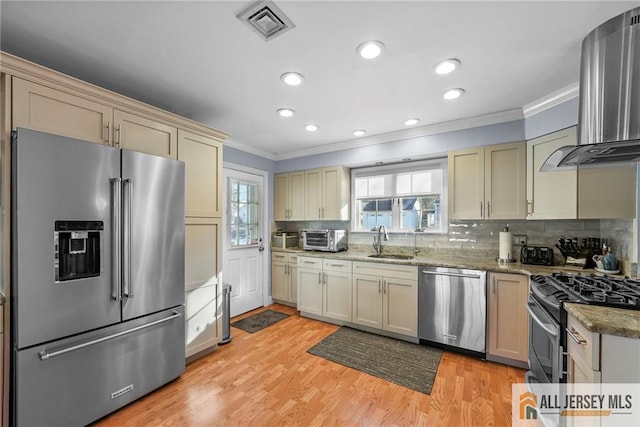 kitchen featuring tasteful backsplash, appliances with stainless steel finishes, sink, and wall chimney range hood