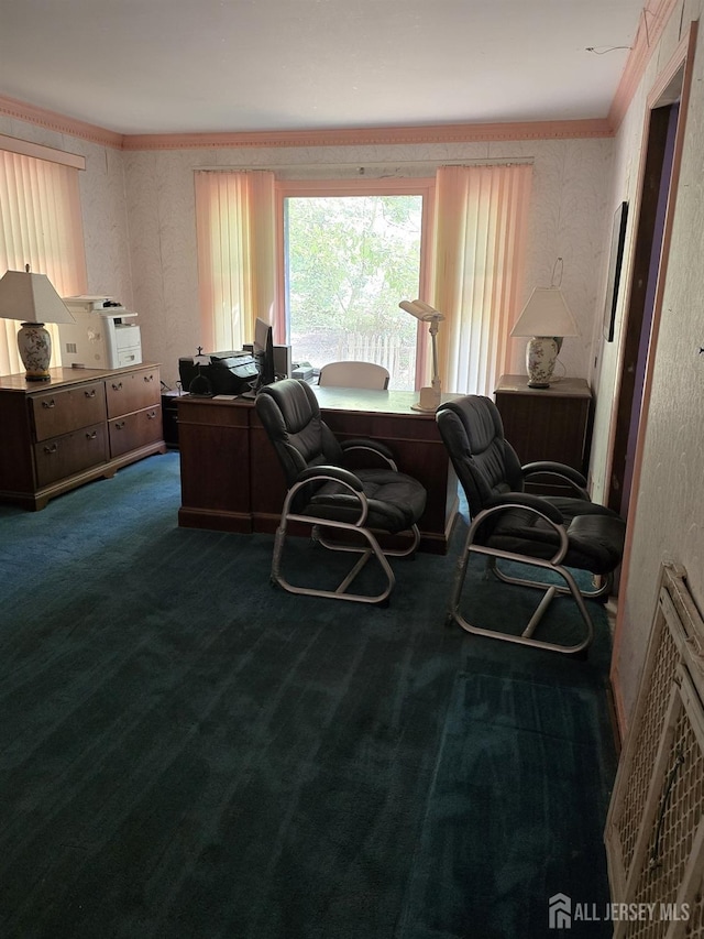 office space with heating unit, dark carpet, and ornamental molding