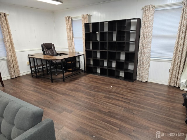 office with dark hardwood / wood-style floors