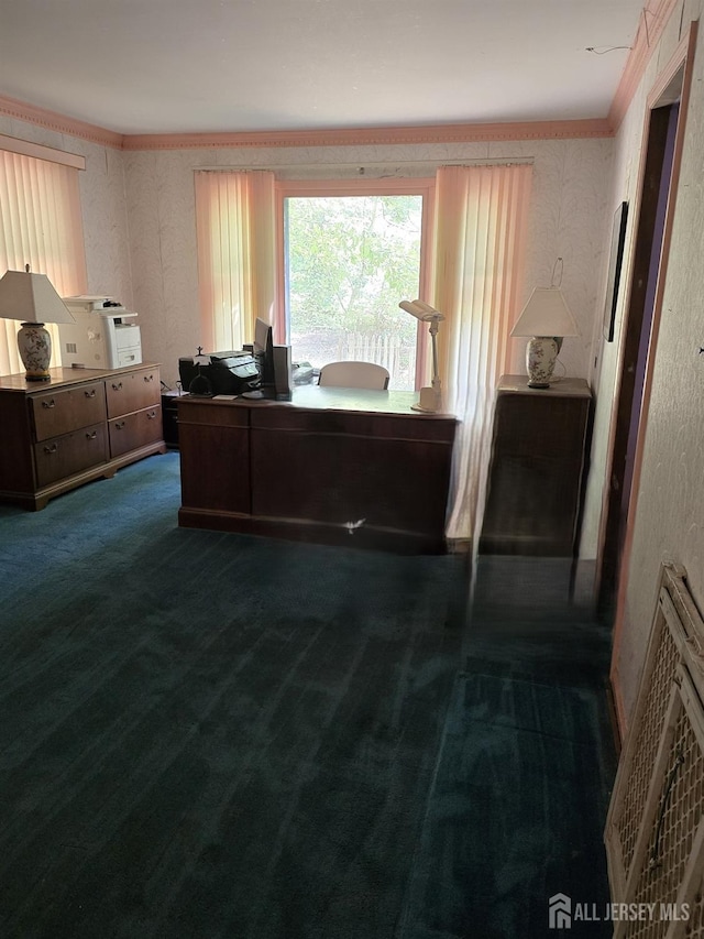 office area featuring dark colored carpet, ornamental molding, and heating unit