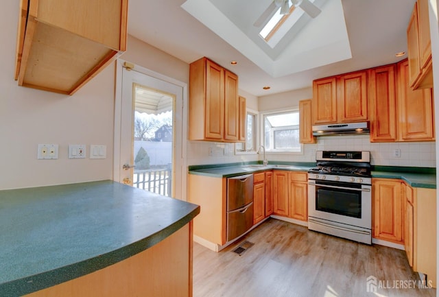 kitchen with under cabinet range hood, light wood-style flooring, backsplash, and appliances with stainless steel finishes