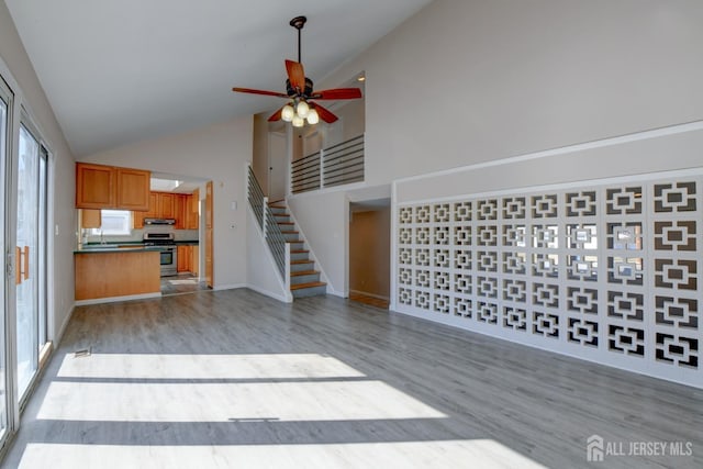 kitchen featuring under cabinet range hood, light wood finished floors, dark countertops, and stainless steel range