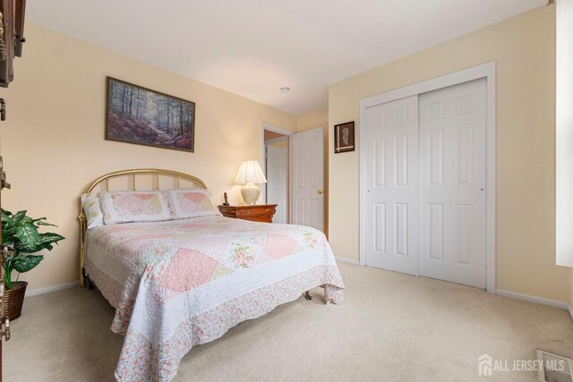 bedroom with carpet flooring and a closet