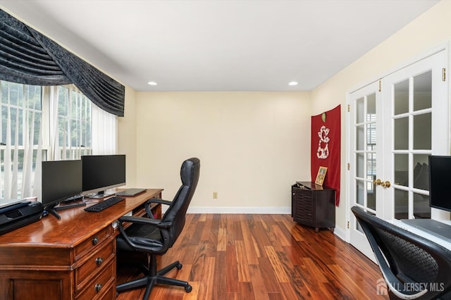 home office with dark wood finished floors, recessed lighting, french doors, and baseboards