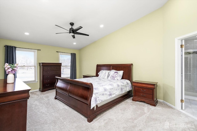 bedroom with baseboards, light colored carpet, vaulted ceiling, recessed lighting, and a ceiling fan