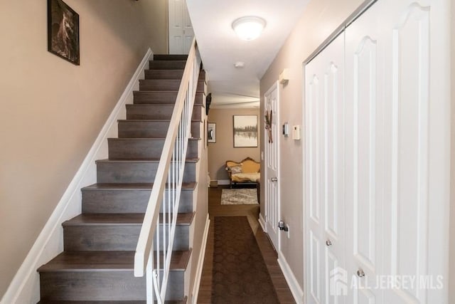 staircase with hardwood / wood-style floors