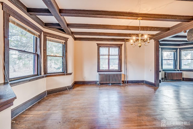 404 Mountainview Ter, Dunellen, NJ 08812 - unfurnished dining area with radiator heating unit, a chandelier, beamed ceiling, and plenty of natural light