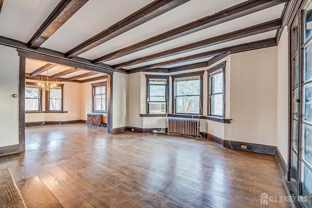 404 Mountainview Ter, Dunellen, NJ 08812 - unfurnished room with radiator heating unit, a chandelier, beamed ceiling, hardwood / wood-style floors, and baseboards
