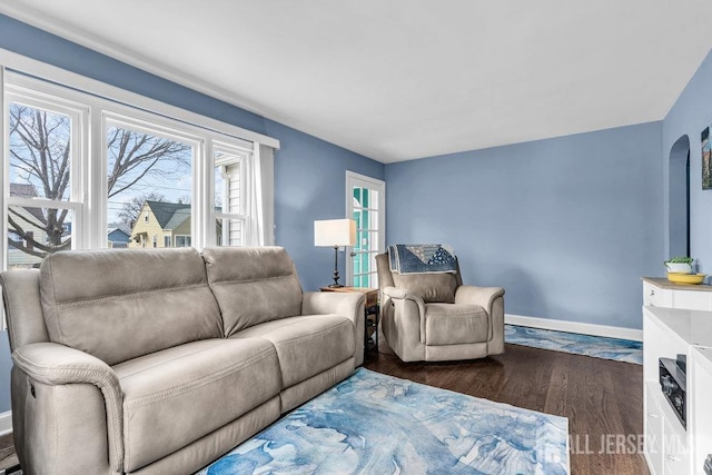 living area featuring baseboards and wood finished floors