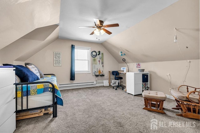 bedroom featuring a ceiling fan, carpet floors, a baseboard radiator, lofted ceiling, and fridge