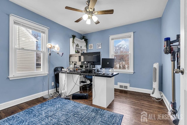 home office featuring a ceiling fan, baseboards, visible vents, and dark wood-style flooring