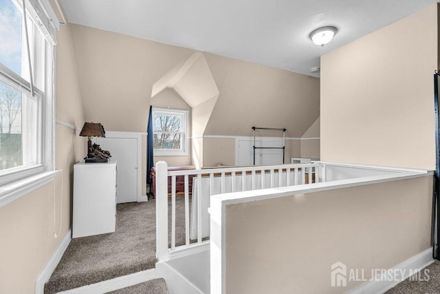 interior space with vaulted ceiling and carpet floors