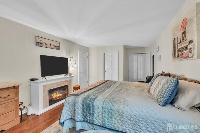 bedroom featuring a glass covered fireplace, baseboards, and wood finished floors