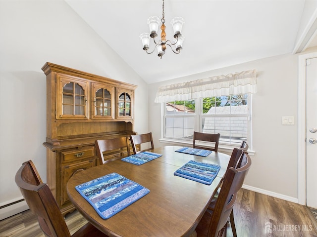 dining area featuring wood finished floors, baseboards, a baseboard radiator, high vaulted ceiling, and a chandelier
