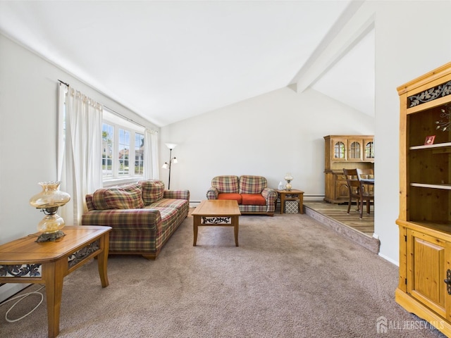 carpeted living area with vaulted ceiling with beams