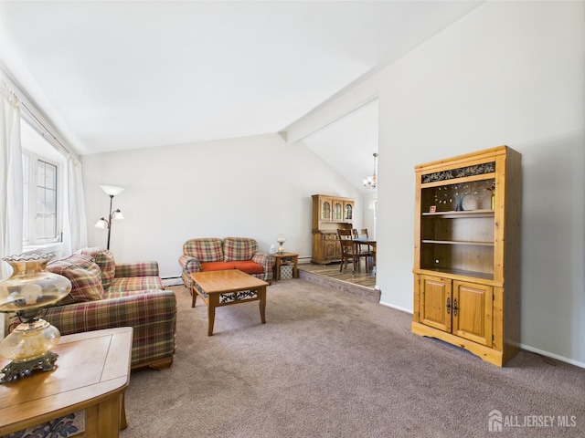 carpeted living room with baseboards, a chandelier, lofted ceiling with beams, and baseboard heating