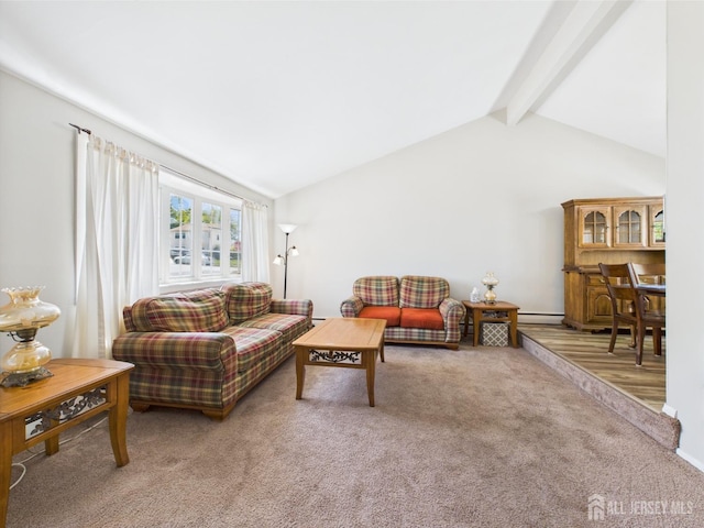 living area featuring lofted ceiling with beams, a baseboard heating unit, and light carpet