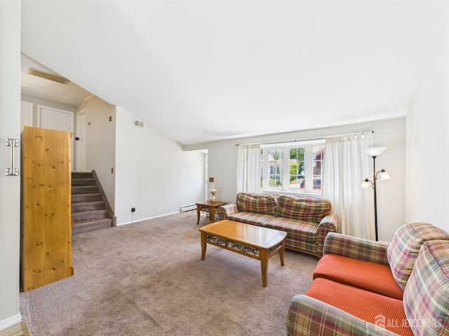 carpeted living room with baseboards, stairs, and visible vents