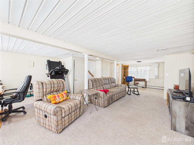living room with carpet floors and baseboard heating