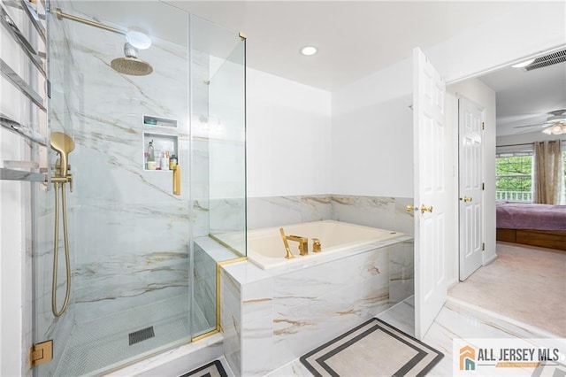 202 Canterbury Way S, Brunswick, NJ 08540 - ensuite bathroom featuring a garden tub, a marble finish shower, a ceiling fan, and recessed lighting