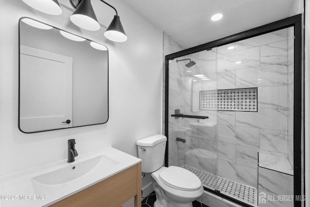 full bathroom with a shower stall, toilet, vanity, and recessed lighting