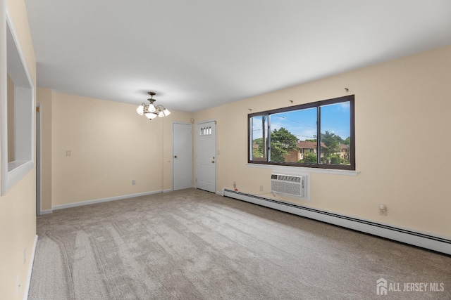 1004 Cricket Ln, Woodbridge Proper, NJ 07095 - empty room with a baseboard heating unit, a chandelier, carpet, and a wall unit AC