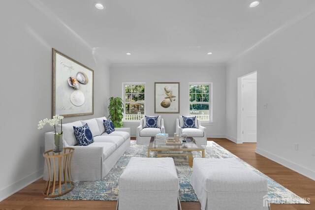 living room with ornamental molding and wood-type flooring