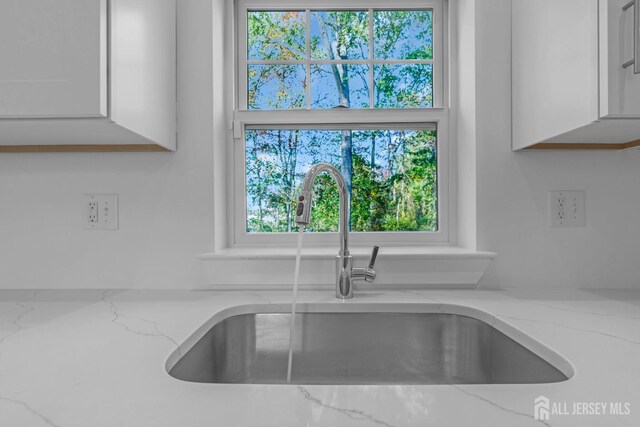 details featuring white cabinets, light stone countertops, and sink