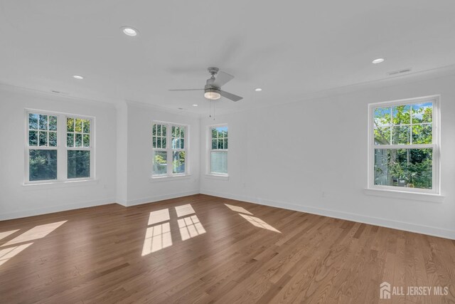 spare room featuring a healthy amount of sunlight, hardwood / wood-style flooring, and ceiling fan