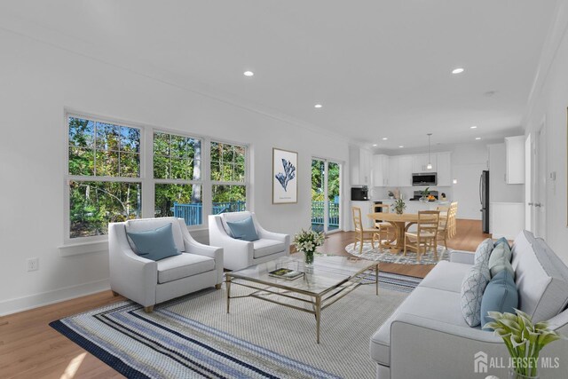 living room featuring crown molding, a healthy amount of sunlight, and light wood-type flooring