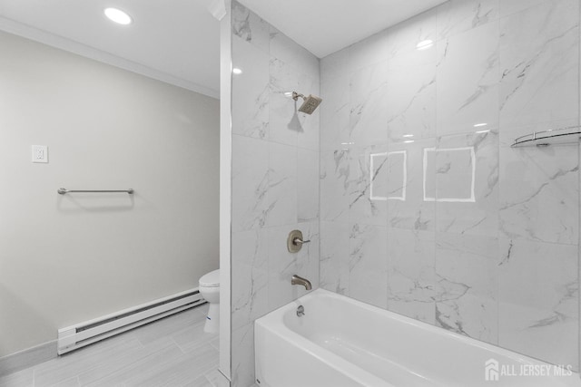 full bath with shower / bathtub combination, toilet, recessed lighting, baseboards, and baseboard heating