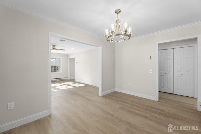 unfurnished dining area with ornamental molding, baseboard heating, and light wood-type flooring