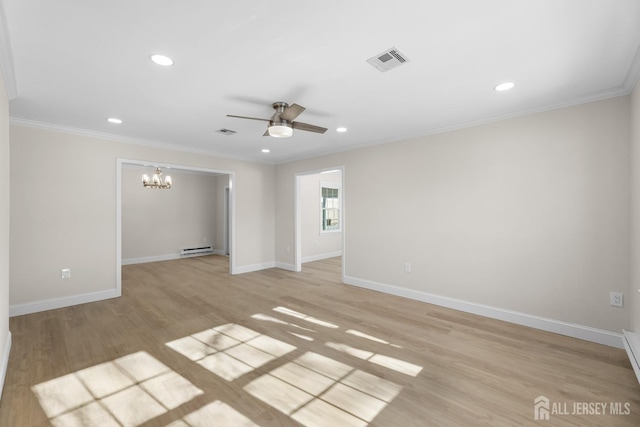 spare room featuring a baseboard radiator, visible vents, ornamental molding, and light wood-style flooring