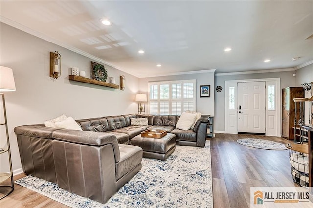 22 Kentnor St, Metuchen, NJ 08840 - living room with crown molding, wood finished floors, recessed lighting, and baseboards