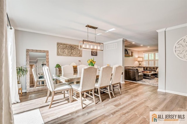 22 Kentnor St, Metuchen, NJ 08840 - dining space featuring ornamental molding, light wood-type flooring, baseboards, and recessed lighting