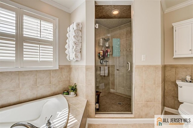 22 Kentnor St, Metuchen, NJ 08840 - full bathroom with a garden tub, a shower stall, toilet, crown molding, and tile patterned flooring