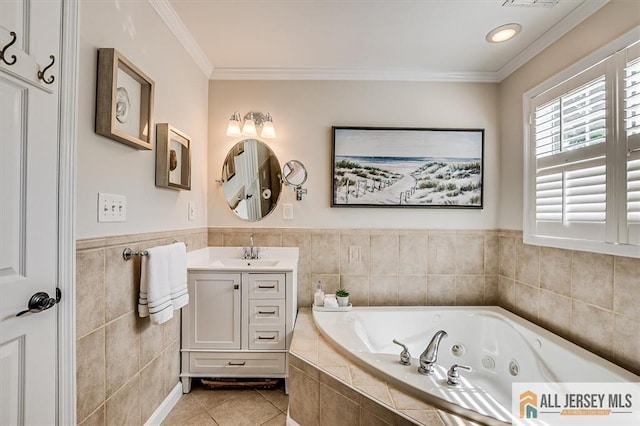 22 Kentnor St, Metuchen, NJ 08840 - full bath featuring vanity, tile patterned flooring, a tub with jets, crown molding, and tile walls
